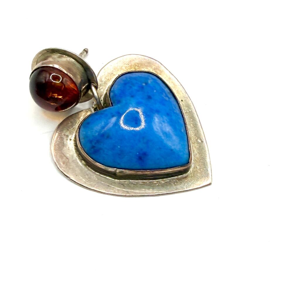 Vintage 90s Jason Livingston Signed Sterling Silver Lapis Amber Heart Earrings - Picture 3 of 8